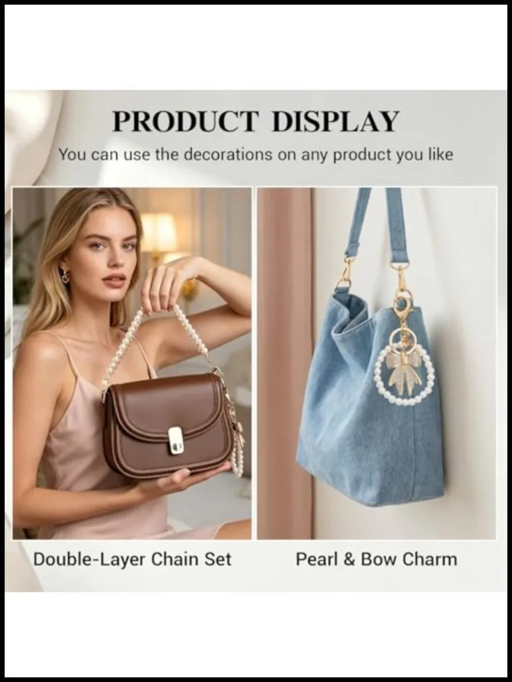 Pearl Purse Chain Set with Rhinestone Bow & Shell Pearl Keychain - 3pc